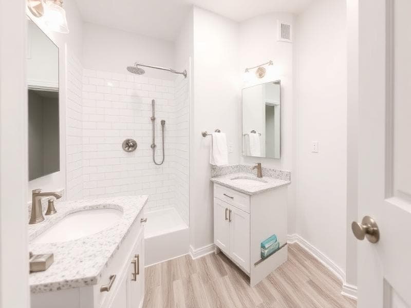 Bathroom after — subway tile shower, new vanity, luxury vinyl plank