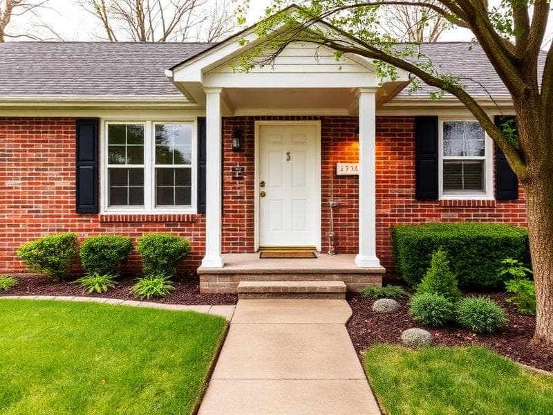 Home exterior after — fresh landscaping, new porch columns, updated shutters