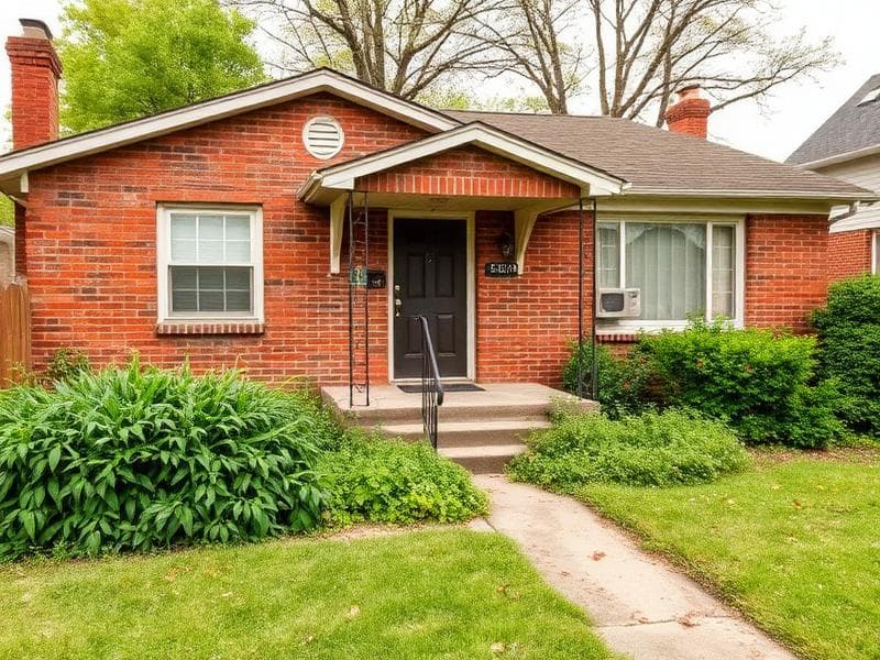 Home exterior before — dated landscaping, worn porch
