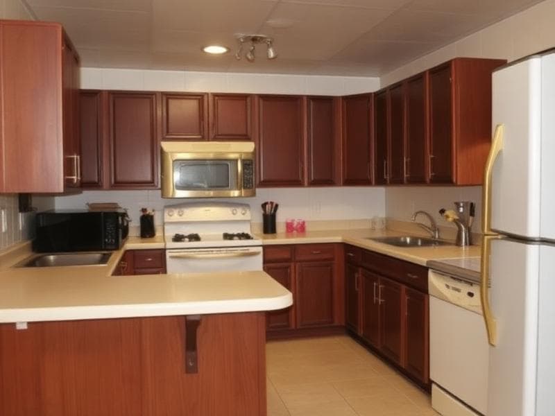 Kitchen before renovation — dark cabinets, dated appliances