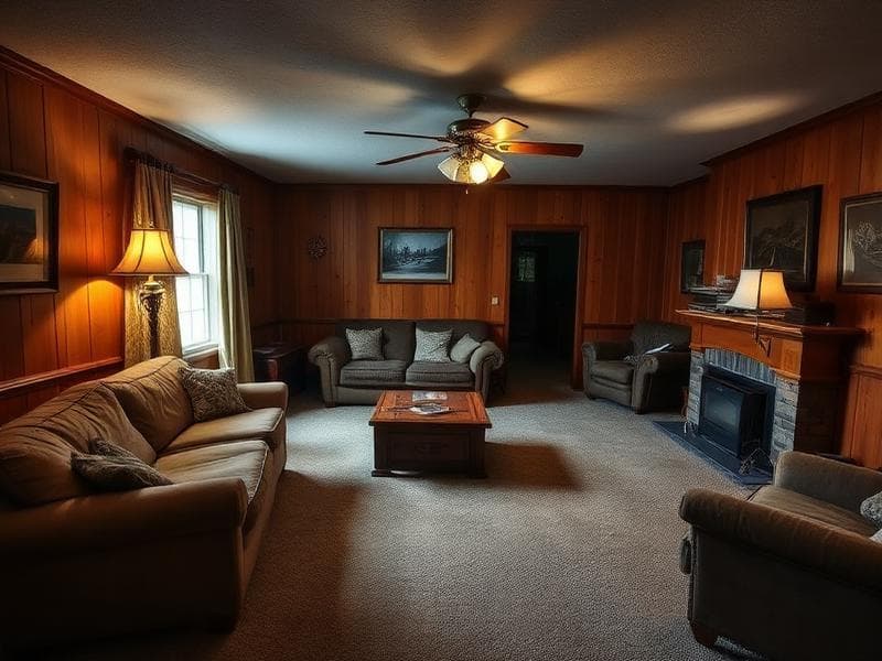 Living room before — dark wood paneling, old carpet